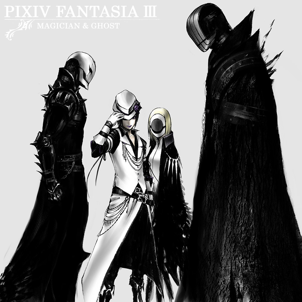 taka (frostbite), taka (pixiv23455), pixiv fantasia, pixiv fantasia 3, 1girl, 3boys, black hair, flower, gigandal federation, gloves, hat, mask, multiple boys
