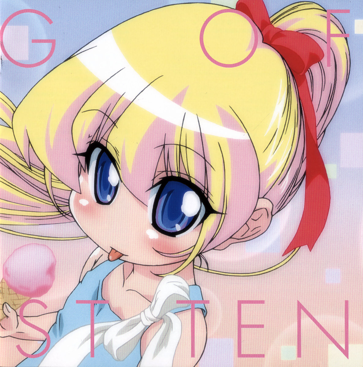 rebecca miyamoto, pani poni dash!, highres, official art, scan, 00s, bare shoulders, blonde hair, blue eyes, child, food, ice cream, ponytail, solo, tongue