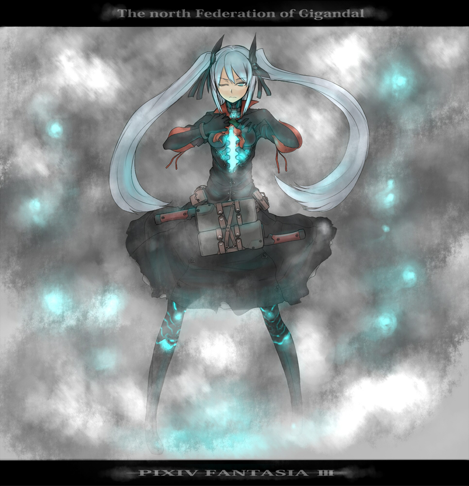 sigama, pixiv fantasia, pixiv fantasia 3, bad id, bad pixiv id, 1girl, android, cleaver, female focus, gigandal federation, hatchet, magic, nata (tool), one eye closed, solo, twintails, white hair, wink