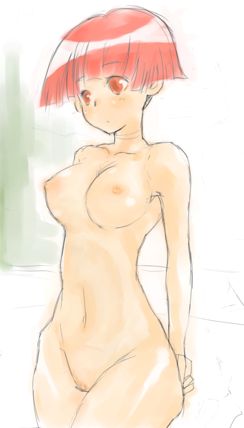 miyata akira, pani poni dash!, 00s, 1girl, breasts, female focus, large breasts, nipples, nude, red hair, short hair, sketch, solo, uncensored