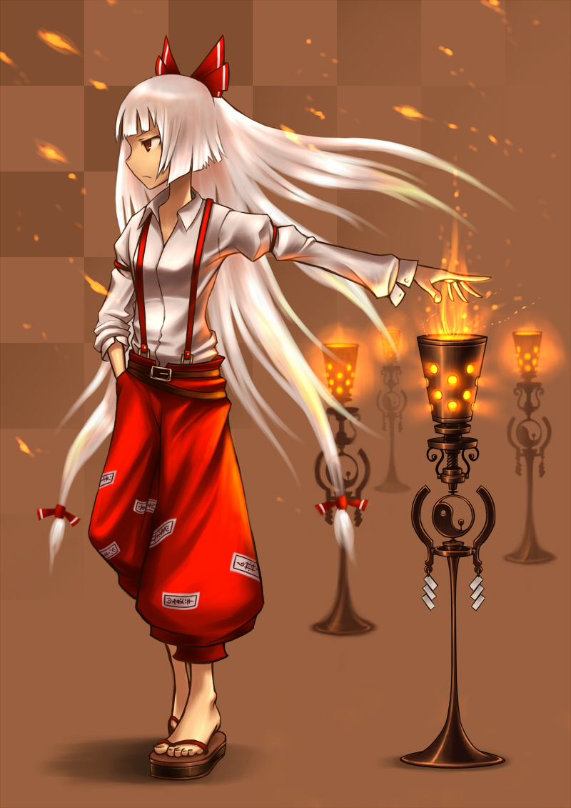 gia, fujiwara no mokou, touhou, light, 1girl, checkered background, clog sandals, feet, female focus, fire, hand in pocket, lantern, long hair, no socks, outstretched arm, sandals, solo, suspenders, white hair, zouri