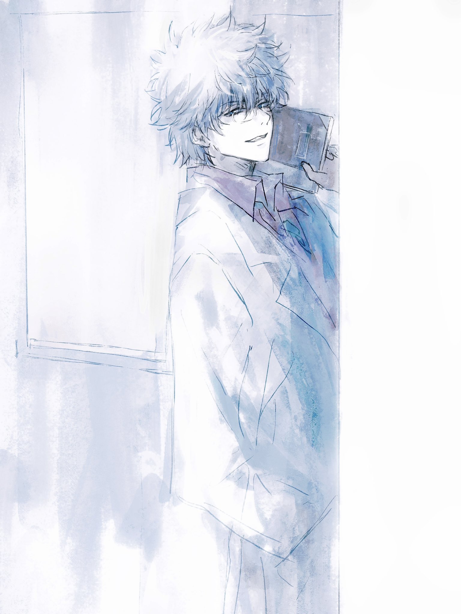 lushu kuye, sakata gintoki, gintama, commentary, highres, symbol-only commentary, 1boy, book, collared shirt, glasses, grey hair, hair between eyes, hand in pocket, hand up, holding, holding book, lab coat, long sleeves, looking at viewer, male focus, messy hair, official alternate costume, pink shirt, shirt, smile, solo, teeth, window