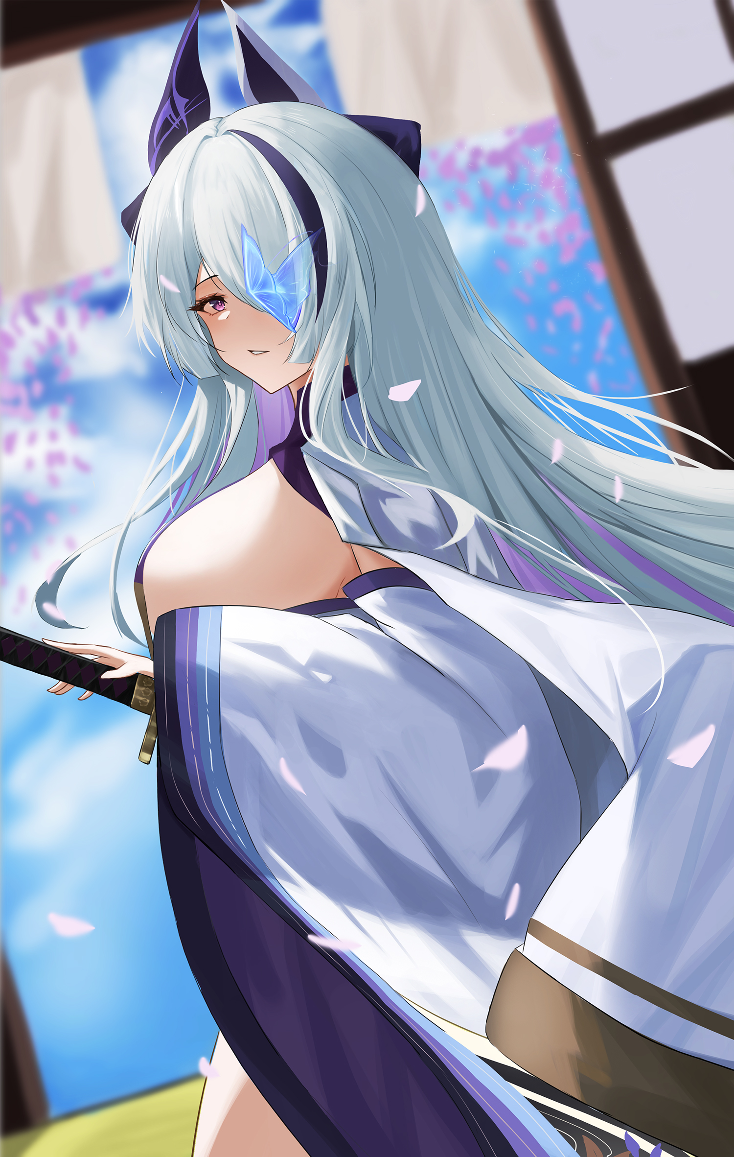 slqnsdl, unzen (azur lane), azur lane, commentary, highres, 1girl, blue butterfly, blurry, blurry background, breasts, bug, butterfly, butterfly over eye, dutch angle, falling petals, hair over one eye, indoors, insect, japanese clothes, kimono, large breasts, long hair, looking at viewer, petals, pink petals, purple eyes, purple streaks, sideboob, solo, very long hair, white hair, white kimono, wide sleeves