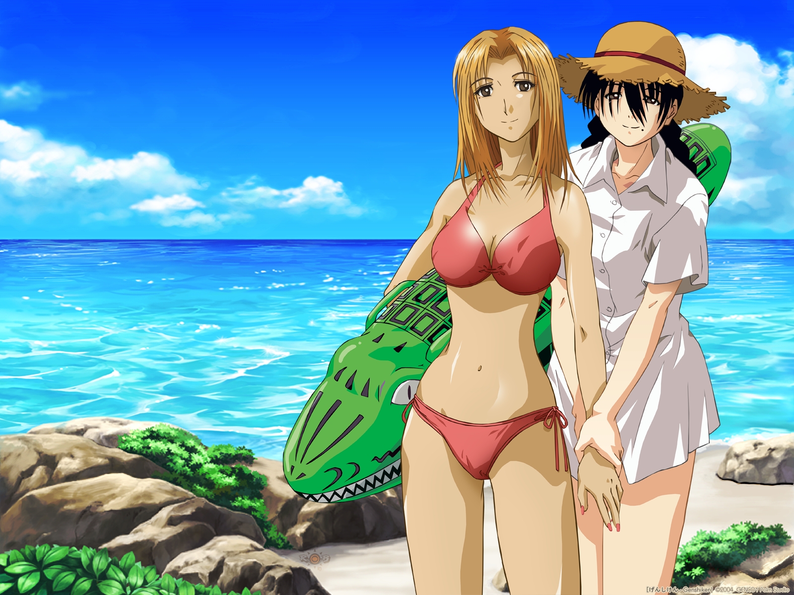 robingi, kasukabe saki, oono kanako, genshiken, highres, 00s, 2girls, beach, bikini, black hair, blonde hair, cloud, day, hat, holding hands, long hair, mole, mole under eye, multiple girls, ocean, outdoors, sky, swimsuit, water