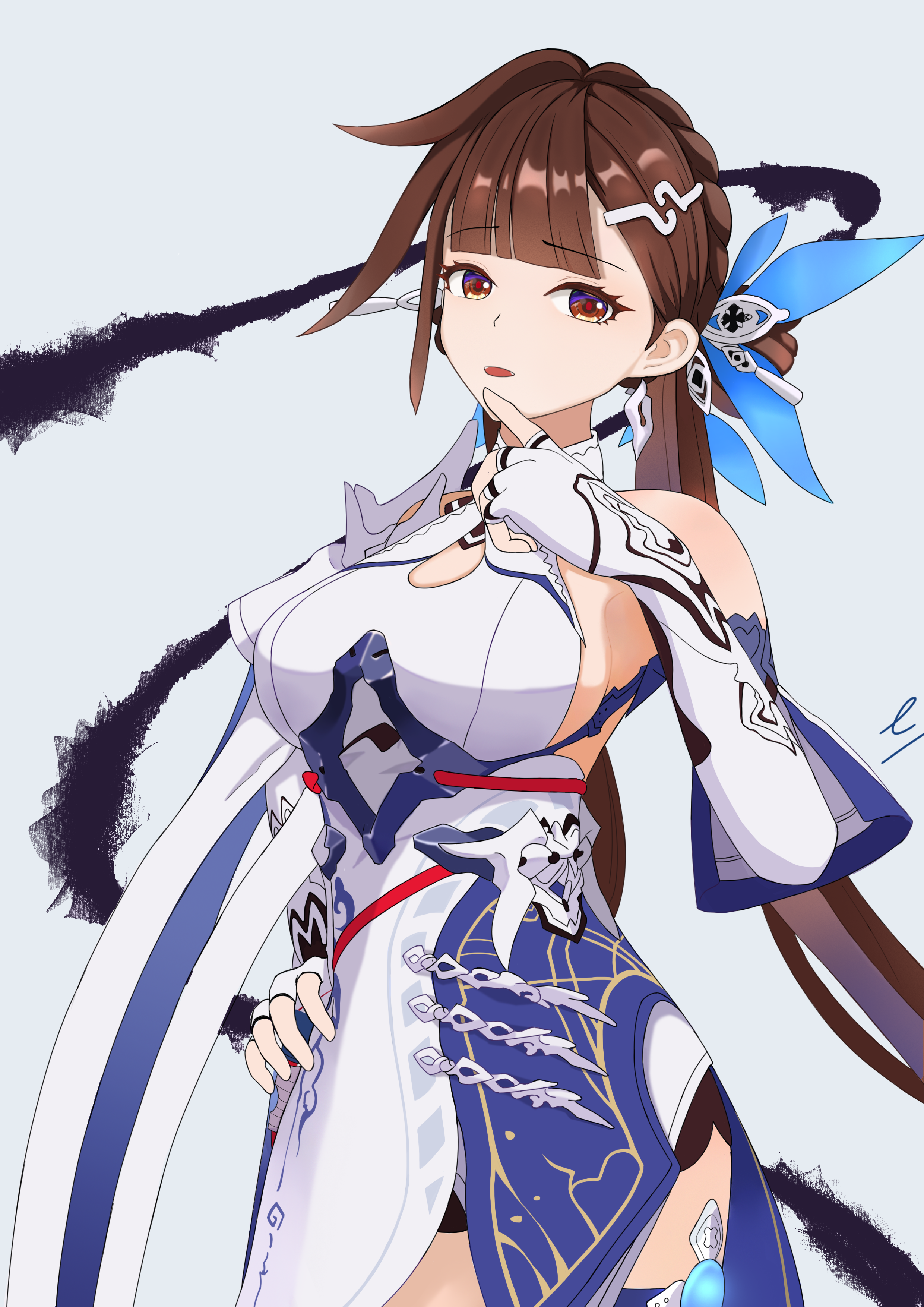 li sushang, li sushang (jade knight), honkai (series), honkai impact 3rd, absurdres, commentary request, highres, 1girl, bare shoulders, breasts, brown eyes, brown hair, citrus7, cleavage cutout, clothing cutout, cowboy shot, dress, elbow gloves, fingerless gloves, gloves, hair ornament, large breasts, long hair, looking at viewer, open mouth, red pupils, solo, white dress