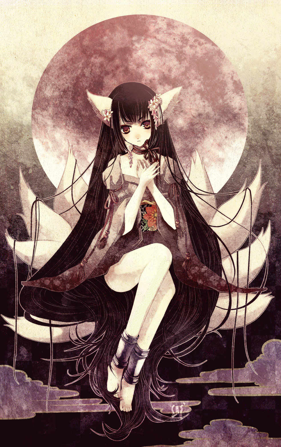 ishikawa sae, original, highres, 1girl, animal ears, barefoot, black hair, cloud, female focus, flower, fox ears, full moon, japanese clothes, legs, long hair, moon, multiple tails, solo, tail