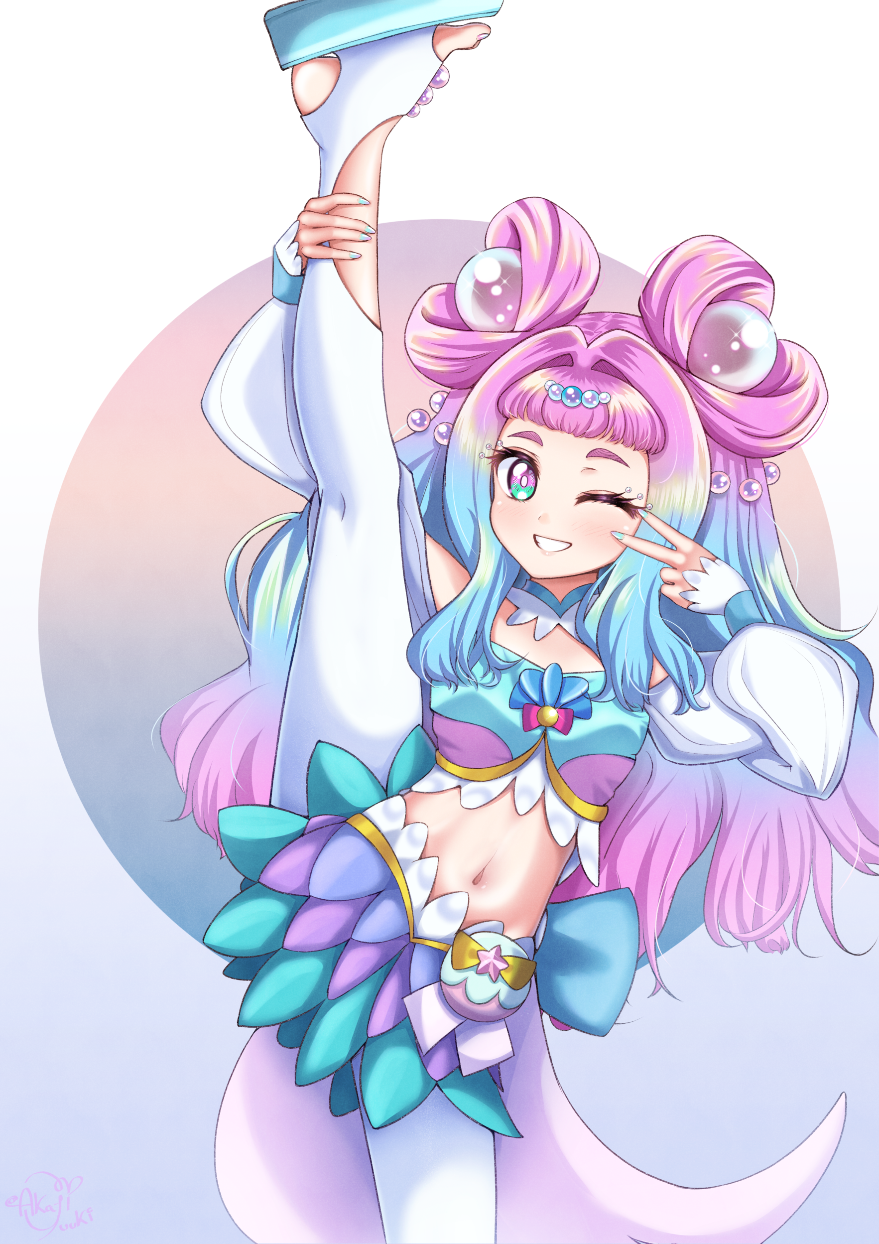 akajiyuuki, cure la mer, laura la mer, precure, tropical-rouge! precure, absurdres, highres, 1girl, aqua eyes, aqua hair, aqua nails, blush, breasts, detached collar, gradient eyes, gradient hair, layered skirt, leg up, long hair, long sleeves, looking at viewer, medium breasts, multicolored eyes, multicolored hair, navel, pantyhose, pearl hair ornament, pink eyes, pink hair, sandals, skirt, smile, solo, split, standing, standing on one leg, standing split, stomach, v, very long hair, white pantyhose, white sleeves