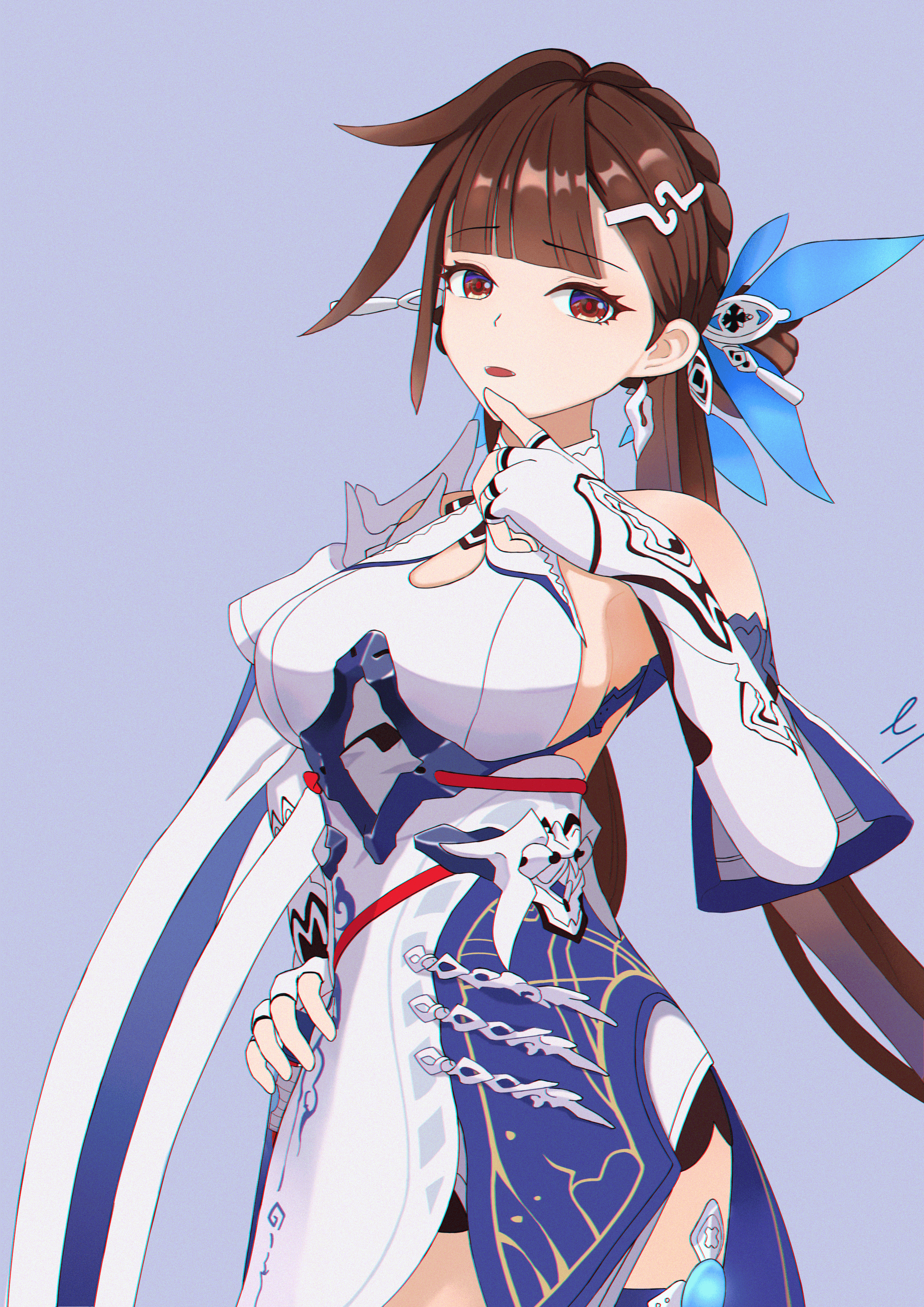 li sushang, li sushang (jade knight), honkai (series), honkai impact 3rd, absurdres, commentary request, highres, 1girl, bare shoulders, breasts, brown eyes, brown hair, citrus7, cleavage cutout, clothing cutout, cowboy shot, dress, elbow gloves, fingerless gloves, gloves, hair ornament, large breasts, long hair, looking at viewer, open mouth, purple background, red pupils, simple background, solo, white dress