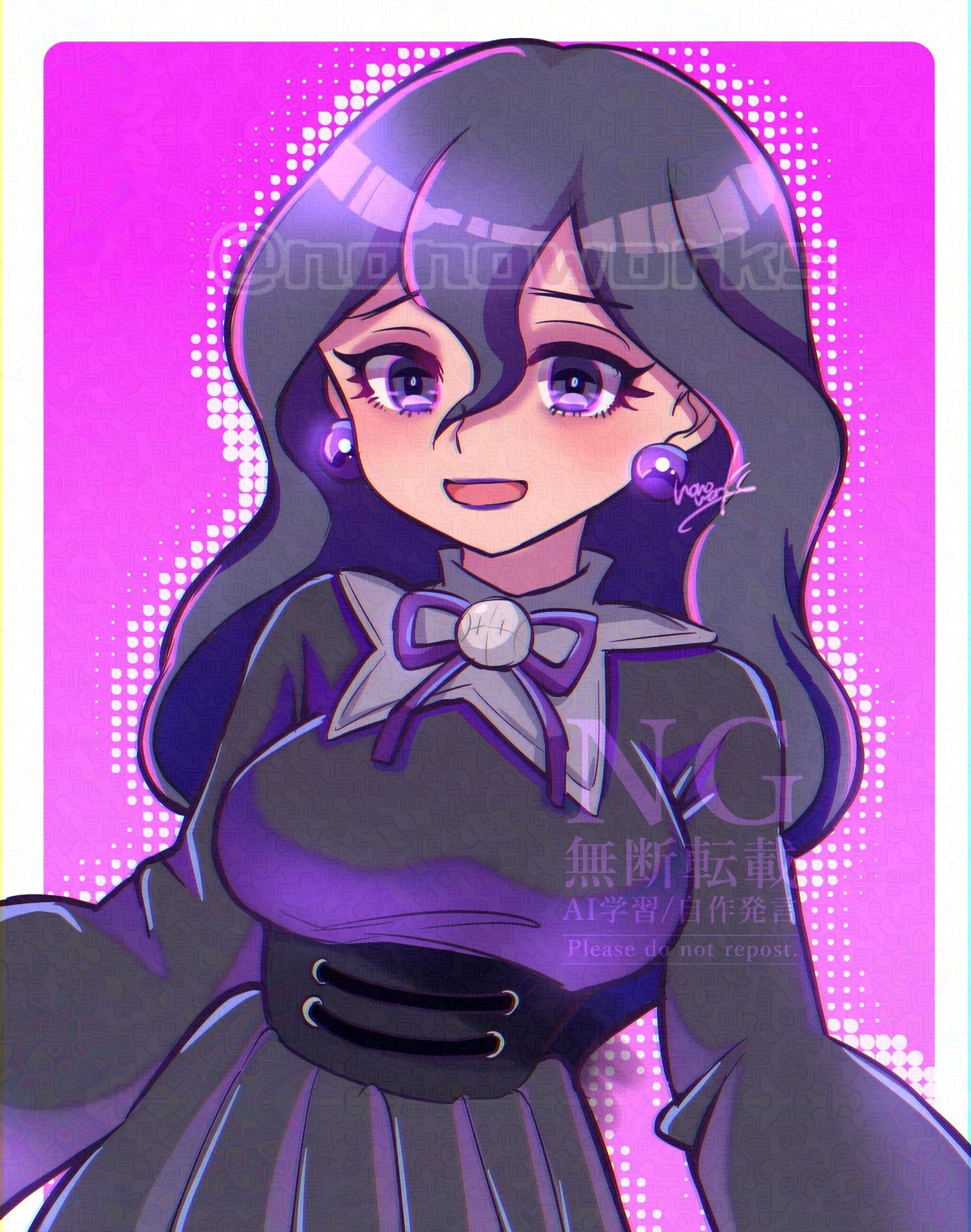 nonoworks, hex maniac (pokemon), hex maniac (pokemon legends: z-a), nintendo, pokemon, pokemon legends: z-a, highres, 1girl, alternate breast size (larger), black corset, black dress, black hair, blush, breasts, corset, dress, earrings, hair between eyes, jewelry, large breasts, long hair, long sleeves, looking at viewer, neck ribbon, open mouth, purple eyes, purple ribbon, ribbon, smile, solo