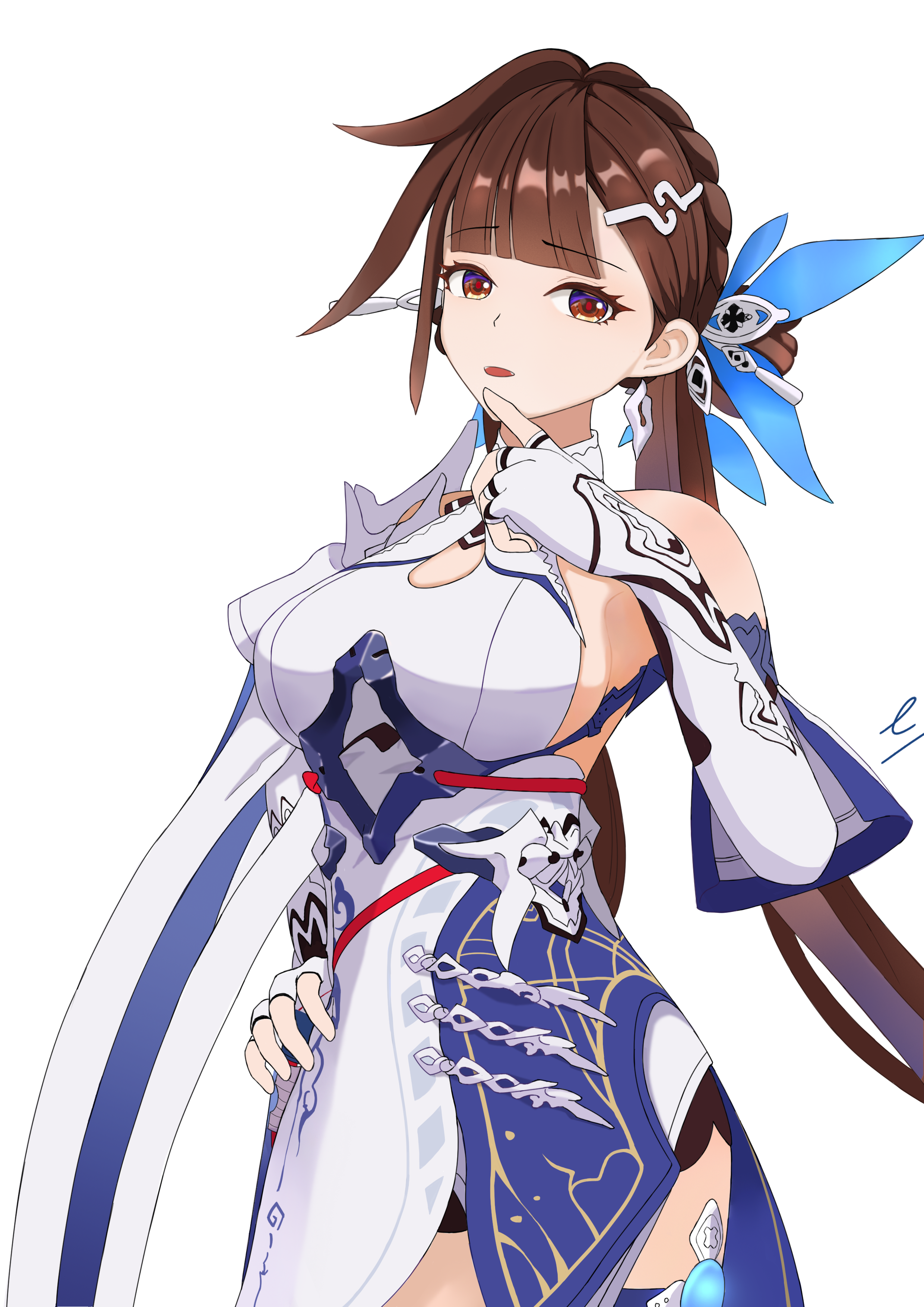 li sushang, li sushang (jade knight), honkai (series), honkai impact 3rd, absurdres, commentary request, highres, 1girl, bare shoulders, breasts, brown eyes, brown hair, citrus7, cleavage cutout, clothing cutout, cowboy shot, dress, elbow gloves, fingerless gloves, gloves, hair ornament, large breasts, long hair, looking at viewer, open mouth, red pupils, simple background, solo, white background, white dress