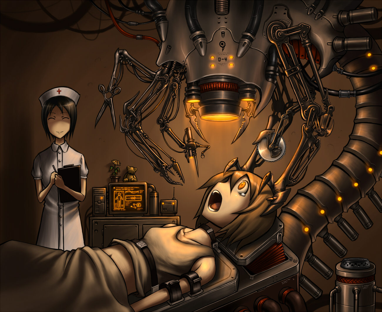 gia, character request, copyright request, 2girls, bdsm, bondage, bound, cable, circular saw, claws, dentist, flower, flower pot, guro, gynecology chair, imminent torture, lower teeth only, machine, mecha, midriff, multiple girls, navel, nightmare, nurse, open mouth, restrained, robot, saw, scared, scissors, sepia, smile, stationary restraints, strap, stuffed animal, stuffed toy, tears, teddy bear, teeth, torture, upper teeth only