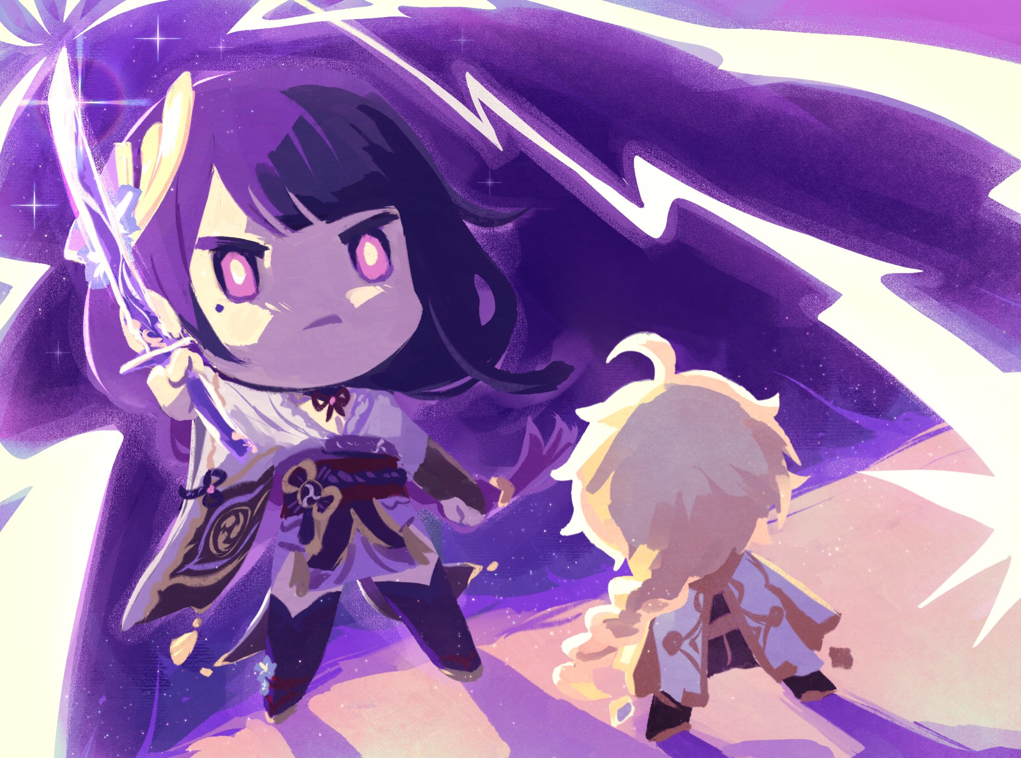 aeveternal, aether (genshin impact), raiden shogun, genshin impact, commentary, commission, english commentary, highres, 1boy, 1girl, ahoge, angry, arm up, black thighhighs, blonde hair, blunt bangs, braid, bridal gauntlets, chibi, chibi only, clenched hand, closed mouth, couple, curly hair, electricity, friends, from behind, full body, glowing, glowing eyes, glowing sword, glowing weapon, hair flowing over, hair ornament, holding, holding sword, holding weapon, japanese clothes, katana, kimono, long braid, long hair, looking down, mole, mole under eye, musou isshin (genshin impact), neck ribbon, off shoulder, outdoors, pants, purple background, purple eyes, purple hair, purple kimono, purple sky, red ribbon, red sash, ribbon, sash, scarf, shade, shadow, single braid, sky, standing, sword, thighhighs, weapon, white scarf