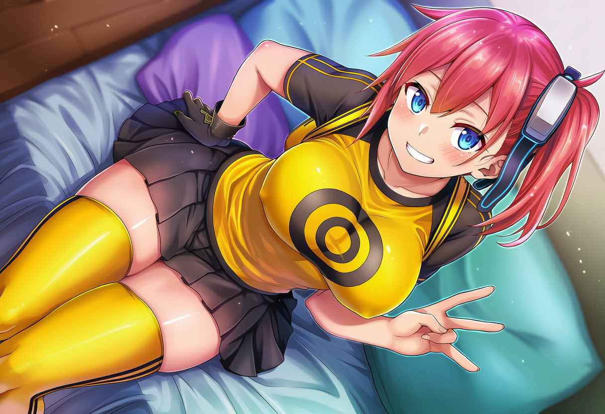 okasa re taii, aiba ami, digimon, digimon story, digimon story: cyber sleuth, 1girl, black shirt, black skirt, blue eyes, blush, breasts, goggles, goggles on head, large breasts, pleated skirt, red hair, shirt, side ponytail, skirt, smile, thighhighs, thighs, yellow shirt, yellow thighhighs