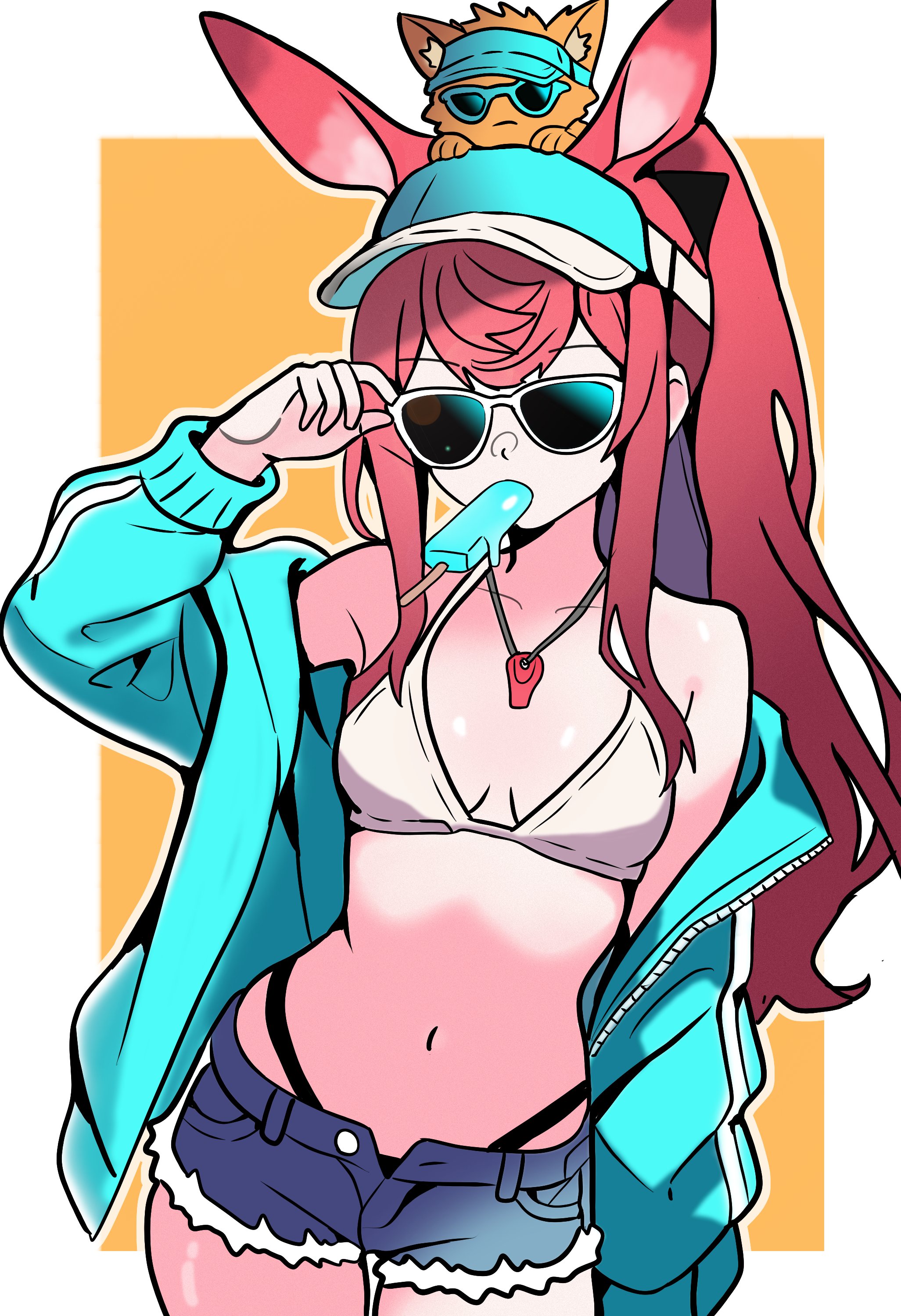 lucia (luciatehe), ray (arknights), arknights, absurdres, highres, 1girl, adjusting eyewear, animal ears, bikini, black bikini, blue jacket, border, breasts, cowboy shot, creature, creature on head, food, food in mouth, jacket, long hair, long sleeves, melting popsicle, micro shorts, navel, off shoulder, open fly, outline, outside border, pink hair, popsicle, popsicle in mouth, purple shorts, shorts, small breasts, solo, standing, sunglasses, swimsuit, visor cap, white bikini, white border, white outline