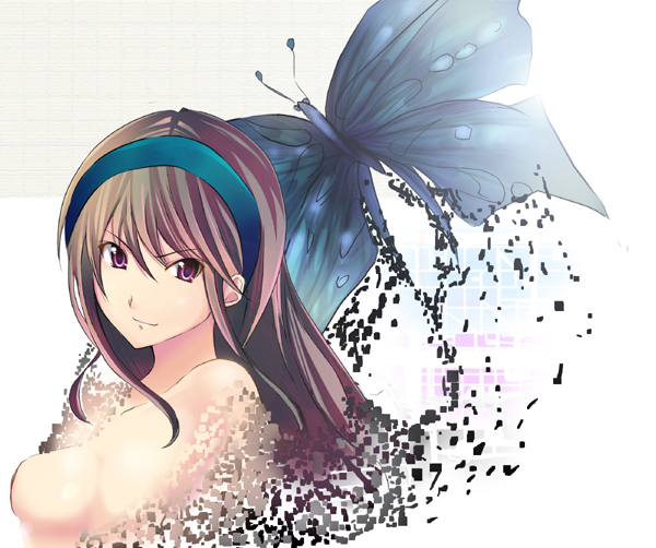riochan, original, 1girl, breasts, brown eyes, brown hair, bug, butterfly, female focus, hairband, insect, medium breasts, solo