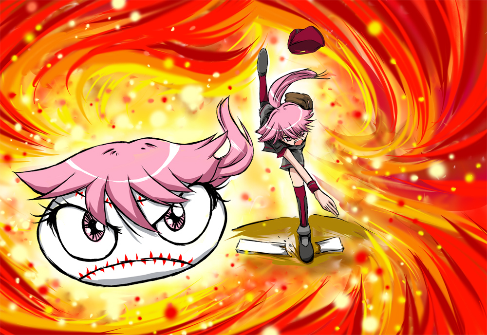 kamio (d-rev), shishidou akiha, sora wo kakeru shoujo, 00s, 1girl, baseball, female focus, fire, full body, long hair, objectification, pink hair, solo, throwing, what