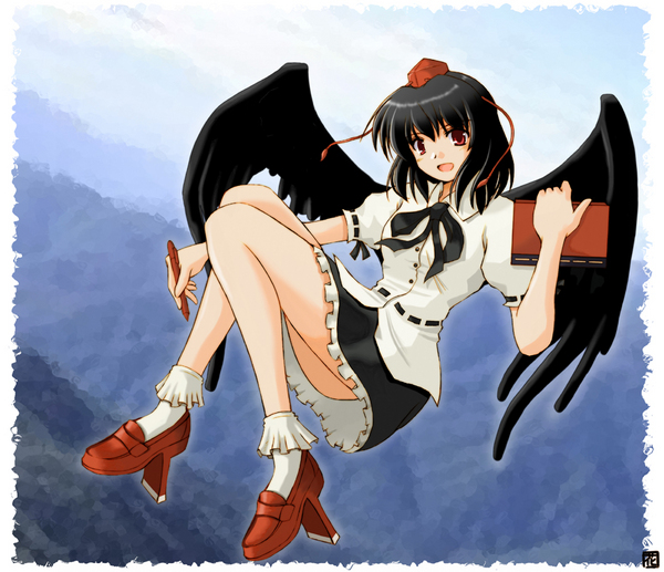 hana (hana mo arashi mo), shameimaru aya, touhou, resized, black hair, black wings, book, geta, hat, notebook, pen, pixiv thumbnail, red eyes, short hair, skirt, socks, tokin hat, wings
