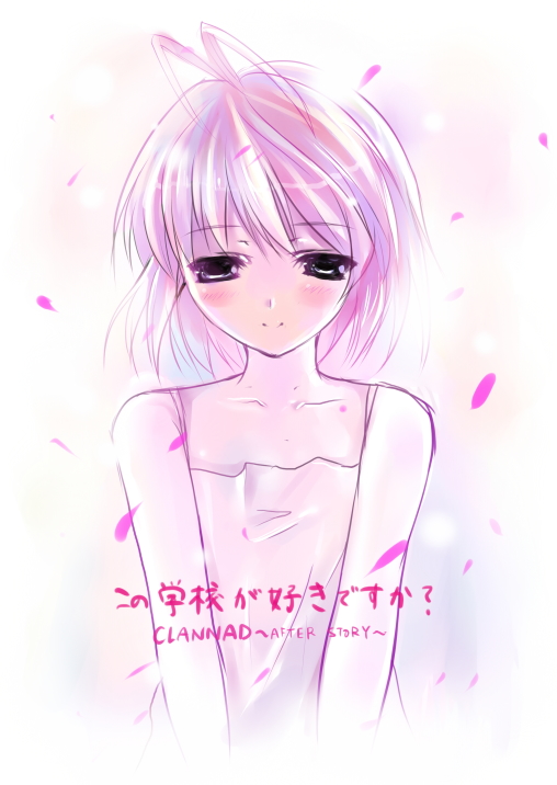 azumi kazuki, furukawa nagisa, clannad, 00s, 1girl, bare shoulders, blush, collarbone, female focus, looking at viewer, petals, pink hair, short hair, simple background, solo, upper body, white background