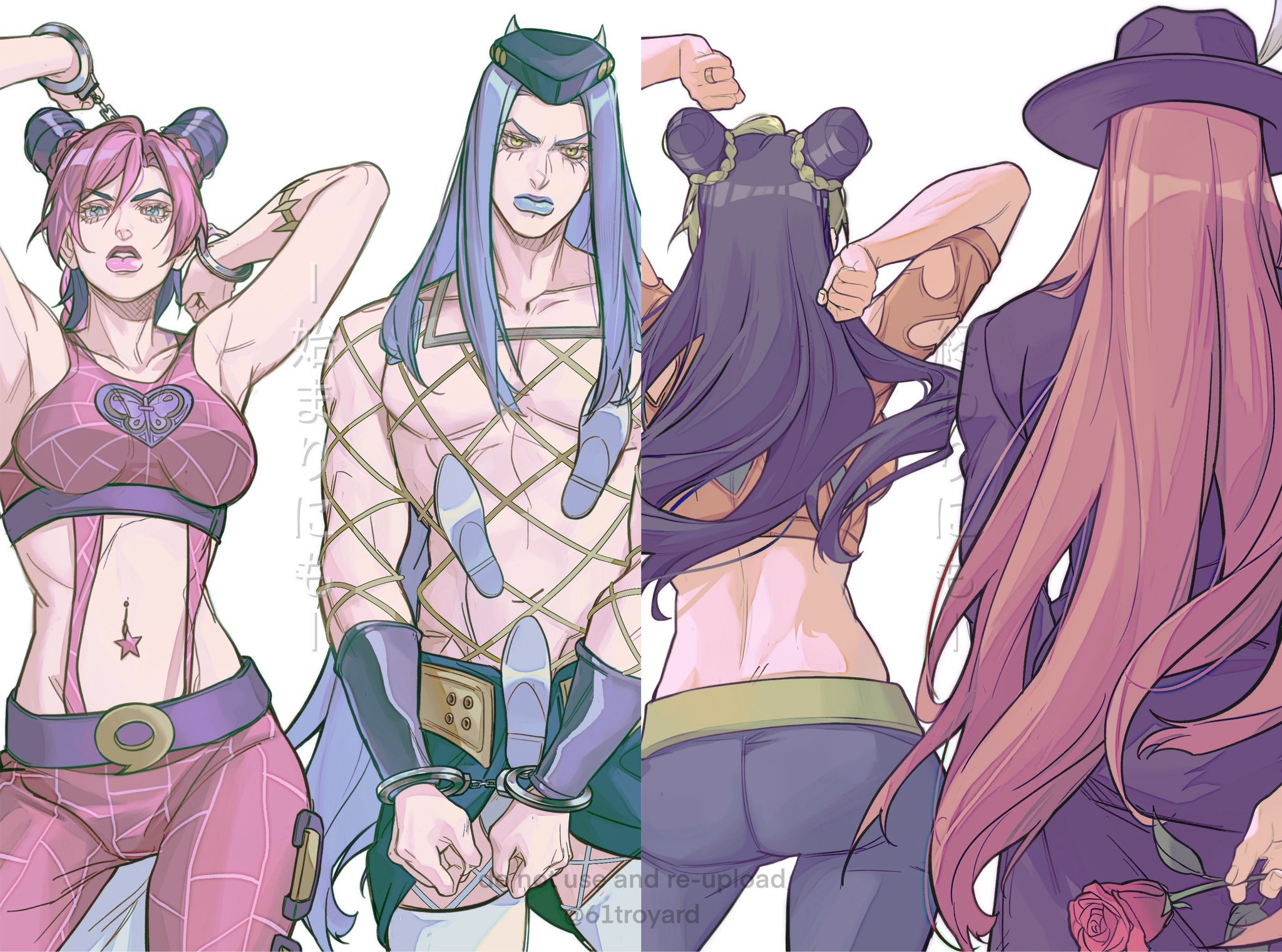 61troyard, anakiss, irene (jojo), kuujou jolyne, narciso anasui, jojo no kimyou na bouken, stone ocean, hashtag-only commentary, highres, 2boys, 2girls, alternate universe, arm tattoo, armpits, arms up, ass, belt, black hair, blue hair, blue lips, blue pants, braid, breasts, brown belt, bun with braided base, clenched hands, clothing cutout, cone hair bun, crop top, cuffs, double bun, fedora, fishnet top, fishnets, flower, from behind, green belt, green hat, green skirt, hair bun, handcuffs, hat, heart cutout, heart ornament, holding, holding flower, horned hat, long coat, long hair, makeup, medium breasts, midriff, miniskirt, multicolored hair, multiple boys, multiple girls, navel, navel piercing, orange sweater, pants, piercing, pink hair, pink lips, pink pants, pink tank top, purple belt, purple hat, red flower, red rose, revealing clothes, rose, shirt, simple background, skirt, spider web print, star piercing, sweater, tank top, tattoo, thighhighs, two-tone hair, very long hair, white background, white shirt, white thighhighs, yellow background