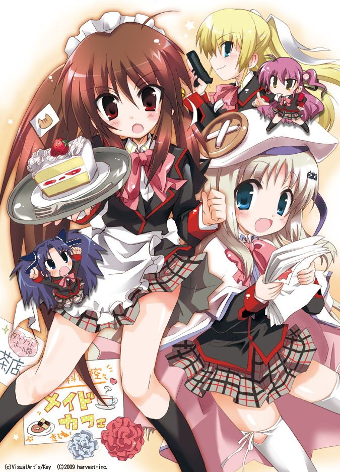 hizuki yayoi, natsume rin, noumi kudryavka, saigusa haruka, sasasegawa sasami, tokido saya, little busters!, 5girls, blush, bow, cake, cake slice, fang, food, fork, fruit, mouth hold, multiple girls, open mouth, pastry, pink bow, plate, skirt, strawberry, strawberry shortcake, thighhighs, tray, waitress, whistle