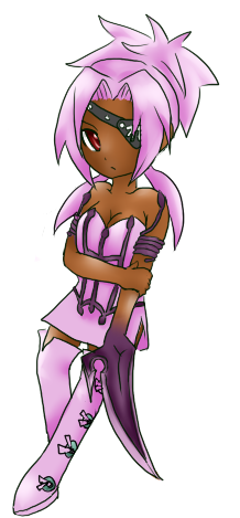 kurohime, sword (kurohime), mahou tsukai kurohime, lowres, 1girl, boots, dark-skinned female, dark skin, eyepatch, female focus, pink hair, red eyes, solo