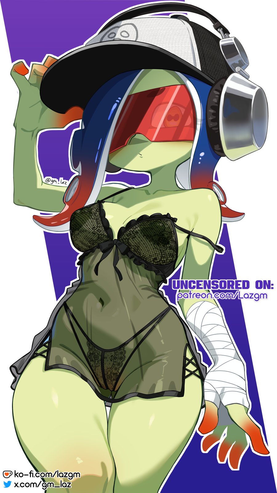 laz gm, dedf1sh, nintendo, splatoon (series), commentary, english commentary, highres, paid reward available, 1girl, babydoll, bandaged arm, bandages, baseball cap, black babydoll, black hat, black panties, blue background, blue hair, blush, breasts, cameltoe, cephalopod eyes, closed mouth, collarbone, colored fingertips, colored inner hair, colored skin, english text, frilled babydoll, gradient hair, green skin, hair over one eye, hand on headwear, hat, headphones, headphones over headwear, ko-fi logo, ko-fi username, lace, lace babydoll, lace panties, lingerie, long hair, medium breasts, multicolored hair, navel, nipples, octoling, panties, patreon username, red-tinted eyewear, red hair, sanitized (splatoon), see-through babydoll, see-through clothes, single off shoulder, solo, sunglasses, tentacle hair, tinted eyewear, twitter logo, twitter username, two-tone hat, underwear, white background, white hair, white hat, wide hips, yellow eyes