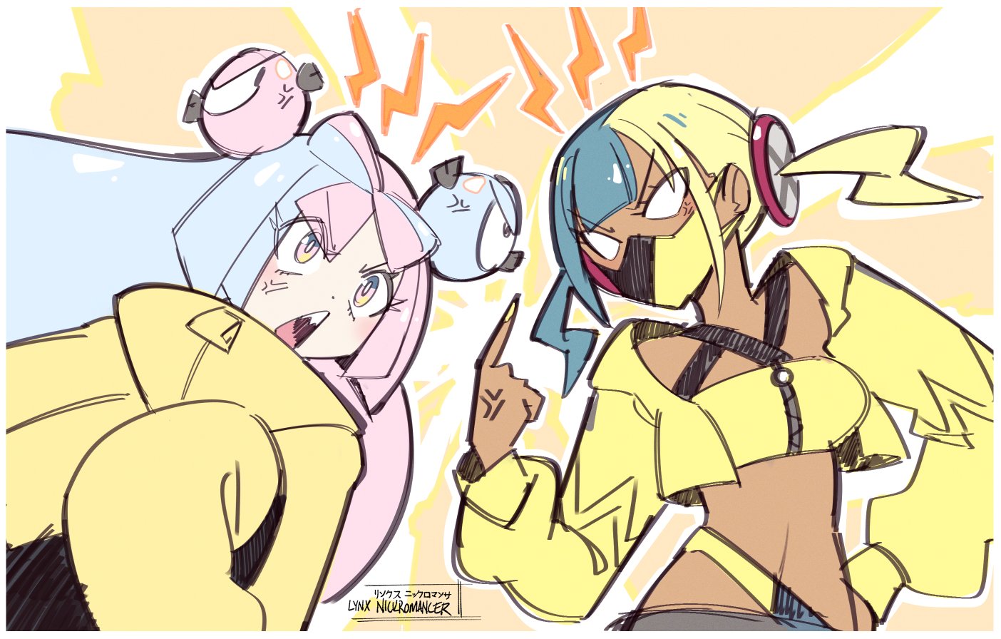cheesecakes by lynx, canari (pokemon), iono (pokemon), magnemite, nintendo, pokemon, pokemon legends: z-a, pokemon sv, 2girls, anger vein, aqua hair, bandeau, black mask, blank eyes, blonde hair, blue hair, bow-shaped hair, breasts, center-flap bangs, character hair ornament, criss-cross halter, fake hair bun, gen 1 pokemon, hair ornament, halterneck, jacket, long hair, mask, mouth mask, multicolored hair, multiple girls, open mouth, oversized clothes, pink hair, sharp teeth, short twintails, sleeves past fingers, sleeves past wrists, split-color hair, teeth, twintails, two-tone mask, v-shaped eyebrows, very long sleeves, yellow bandeau, yellow jacket, yellow mask