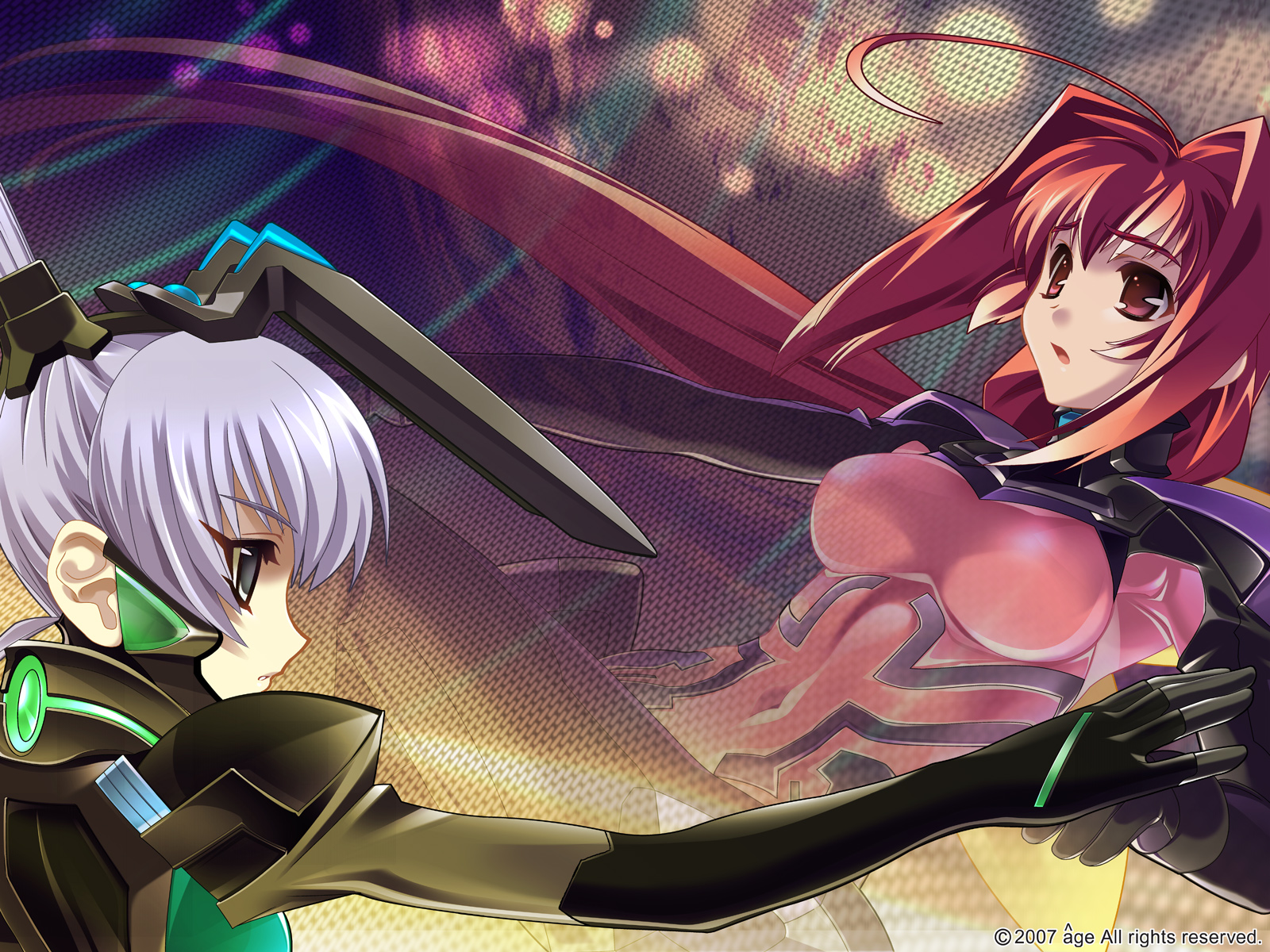 kagami sumika, yashiro kasumi, muv-luv, highres, source request, 00unit, ahoge, blue hair, bodysuit, long hair, red eyes, red hair