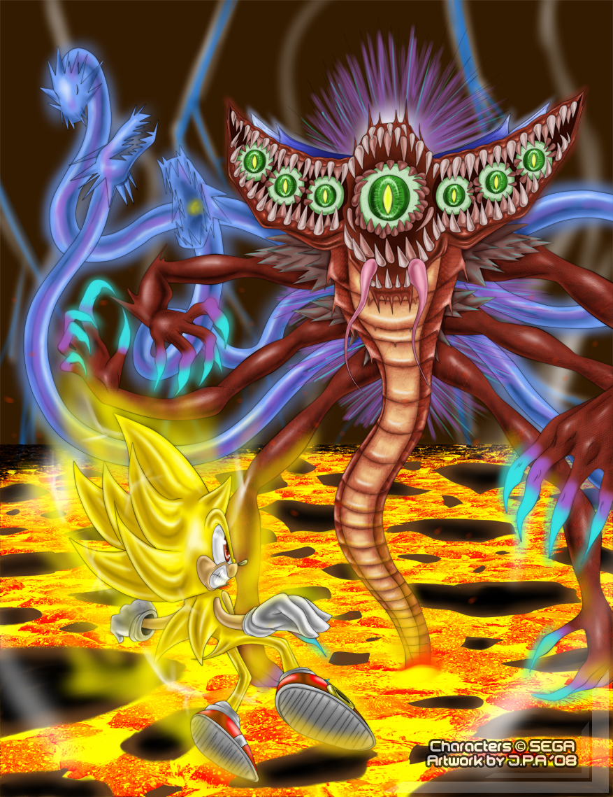 dark gaia, sonic the hedgehog, super sonic, sonic (series), sonic unleashed, claws, fangs, lava, monster