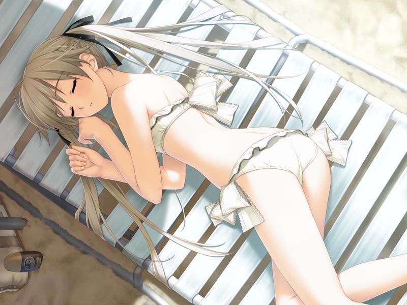 hashimoto takashi, kasugano sora, yosuga no sora, game cg, jpeg artifacts, 1girl, ass, bikini, chair, long hair, long legs, lounge chair, sand, shade, sleeping, solo, swimsuit, thighs, twintails, white hair