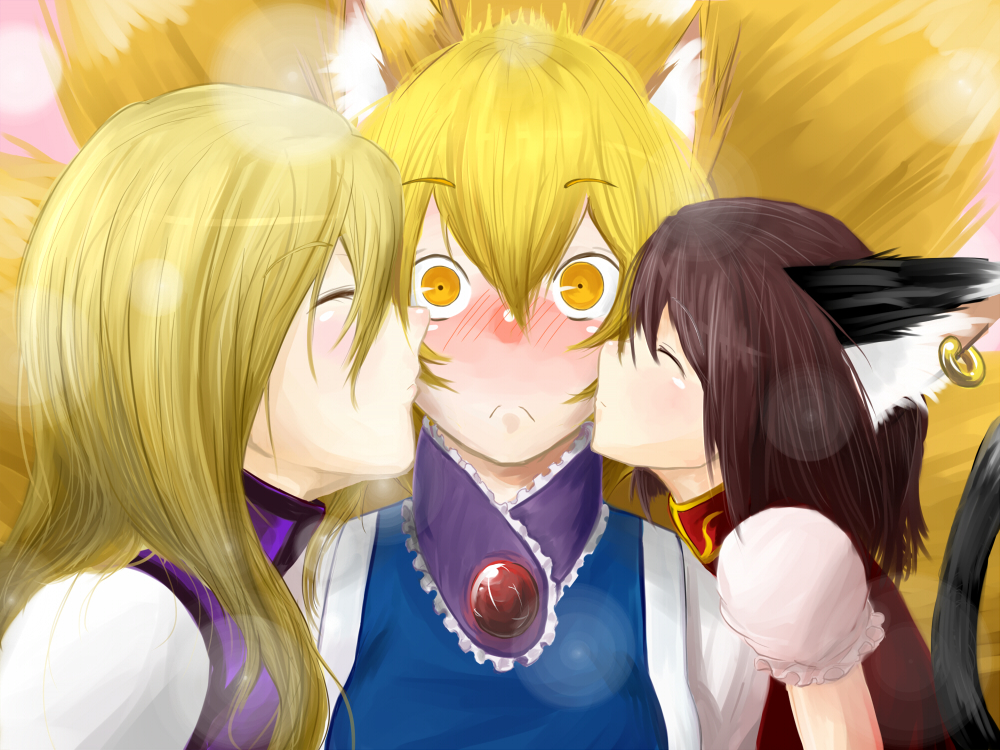nekoarashi, yana (nekoarashi), chen, yakumo ran, yakumo yukari, touhou, 3girls, :<, animal ears, blonde hair, blush, brown hair, cat ears, cat girl, cat tail, female focus, fox ears, fox tail, girl sandwich, kiss, kissing cheek, multiple girls, multiple tails, nekomata, no headwear, sandwiched, tail, yellow eyes, yuri