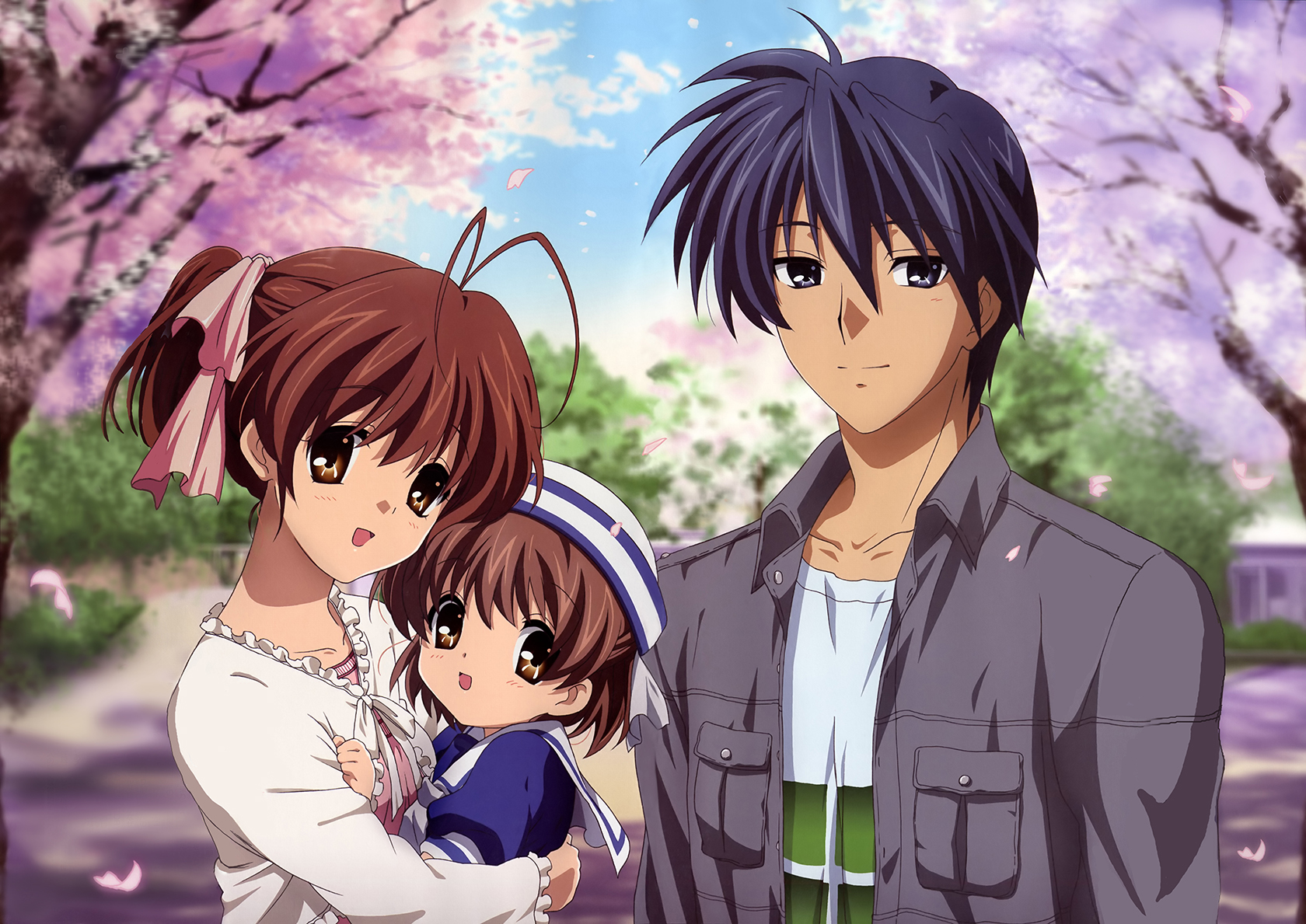 hikiyama kayo, furukawa nagisa, okazaki tomoya, okazaki ushio, clannad, highres, 00s, 1boy, 2girls, brown eyes, brown hair, carrying, cherry blossoms, child, dixie cup hat, dress, family, hair ribbon, hat, husband and wife, matching hair/eyes, military hat, multiple girls, ribbon, sailor dress, school uniform