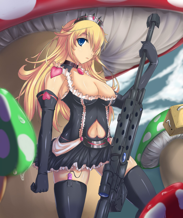 s-pot, princess peach, mario (series), nintendo, super mario galaxy, 1girl, ? block, anti-materiel rifle, blonde hair, blue eyes, breasts, cleavage, elbow gloves, female focus, frills, gloves, gun, hair over one eye, jewelry, large breasts, latex, latex gloves, lingerie, long hair, mushroom, navel, necklace, public indecency, public vibrator, rifle, sex toy, sniper rifle, solo, thighhighs, tiara, underwear, vibrator, vibrator in thighhighs, weapon