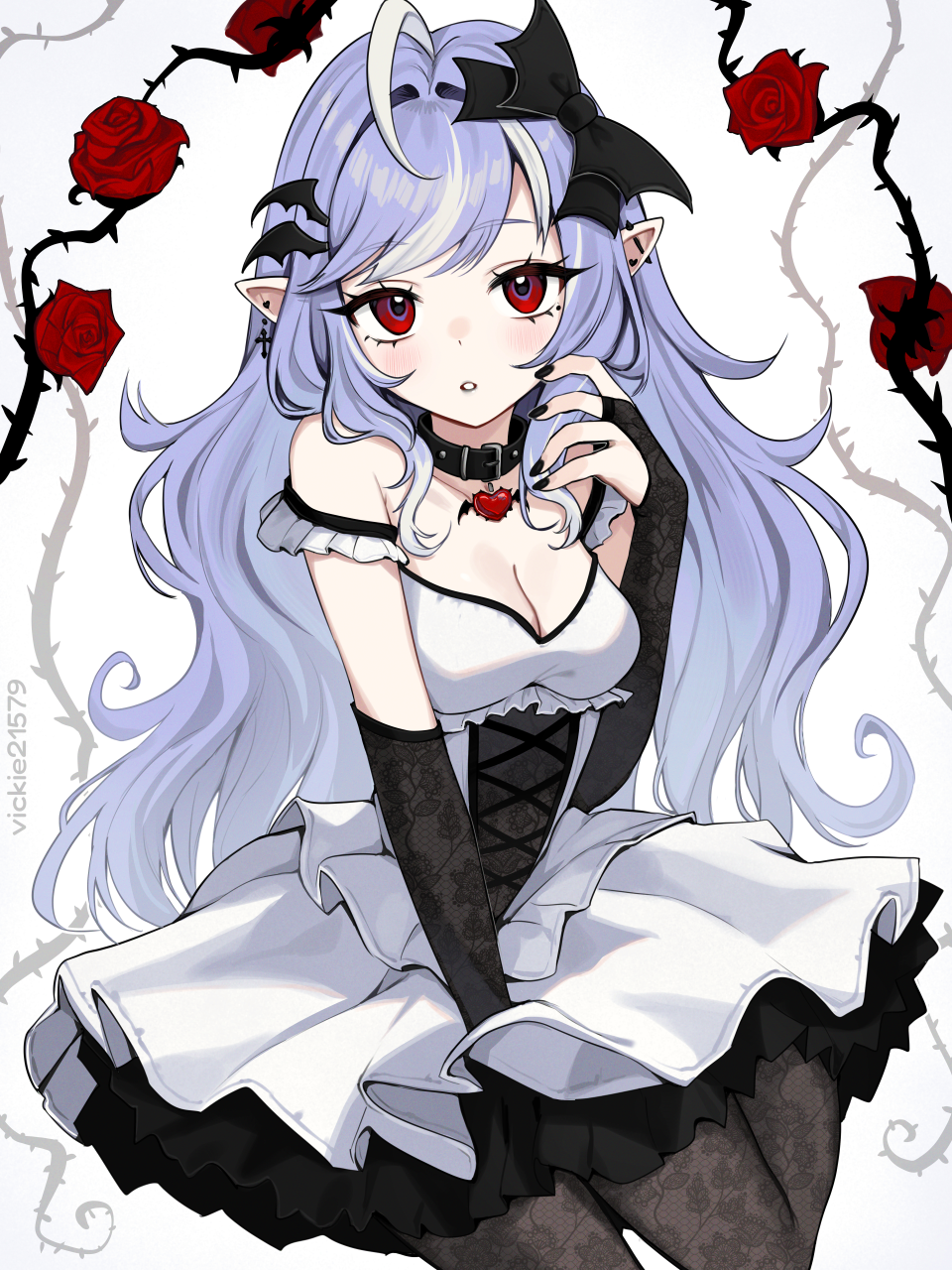 vickie (cryingrobot), vivian banshee, zenless zone zero, commentary request, highres, 1girl, artist name, belt collar, black pantyhose, black ribbon, blush, breasts, cleavage, collar, cross, cross-laced clothes, cross earrings, detached sleeves, dress, ear piercing, earrings, floral print, flower, hair ornament, hairpin, jewelry, lace, lace pantyhose, lace sleeves, long hair, looking at viewer, mole, mole under eye, nail polish, pantyhose, patterned clothing, pendant choker, piercing, pointy ears, purple hair, red eyes, red flower, red rose, ribbon, rose, see-through clothes, solo, spikes, white background
