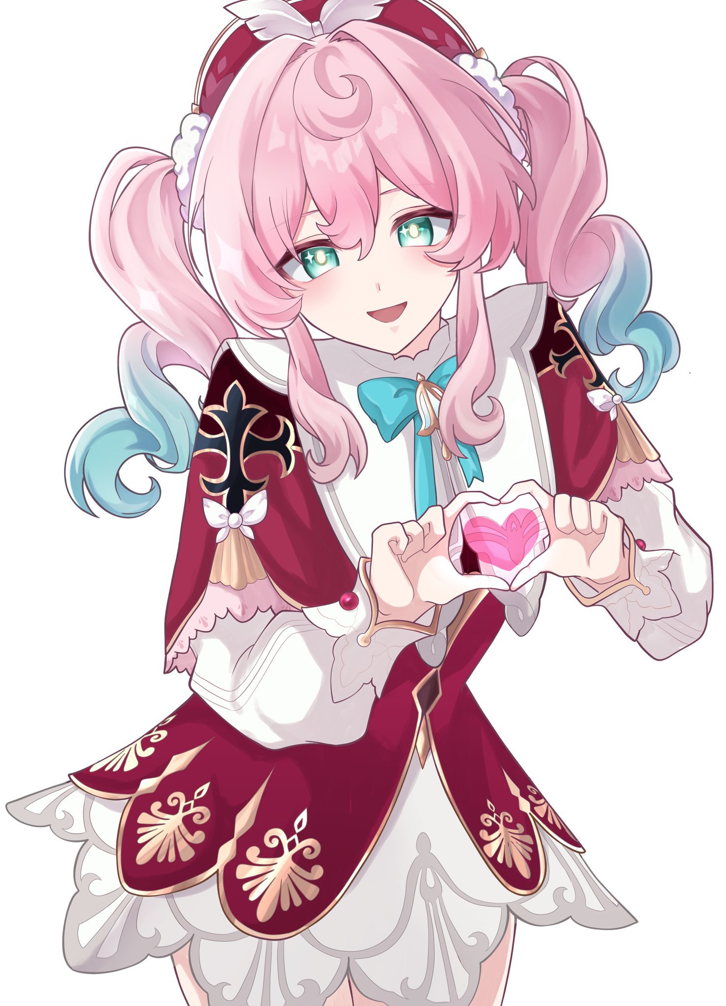 hyacine (honkai: star rail), honkai: star rail, honkai (series), highres, 1girl, blue eyes, blush, breasts, dress, gradient hair, green hair, hat, heart, heart hands, looking at viewer, multicolored hair, open mouth, pink dress, pink hair, pink hat, short hair, short twintails, skirt, solo, twintails, u7 u7u