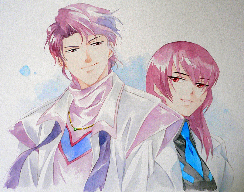 agahari, kouzuki yuuko, shuu shirakawa, banpresto, muv-luv, muv-luv alternative, super robot wars, bad id, bad pixiv id, 1boy, 1girl, crossover, faux traditional media, jewelry, lab coat, necklace, necktie, purple eyes, purple hair, red eyes, robe, sweatdrop, turtleneck, upper body