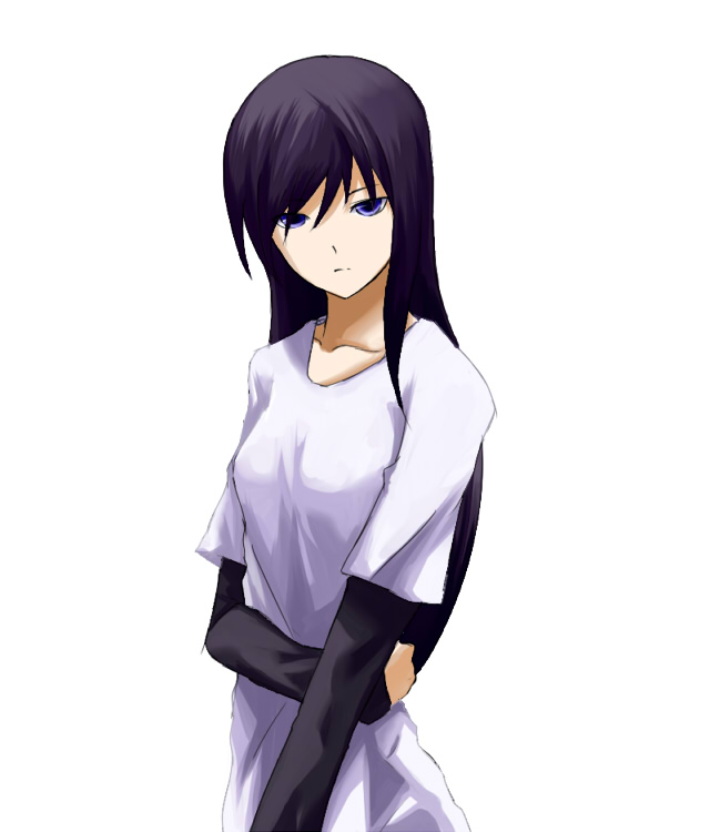 kauto, original, bad id, bad pixiv id, 1girl, black hair, blue eyes, expressionless, female focus, layered sleeves, long hair, long sleeves, purple hair, shirt, short over long sleeves, short sleeves, simple background, solo, t-shirt, white background