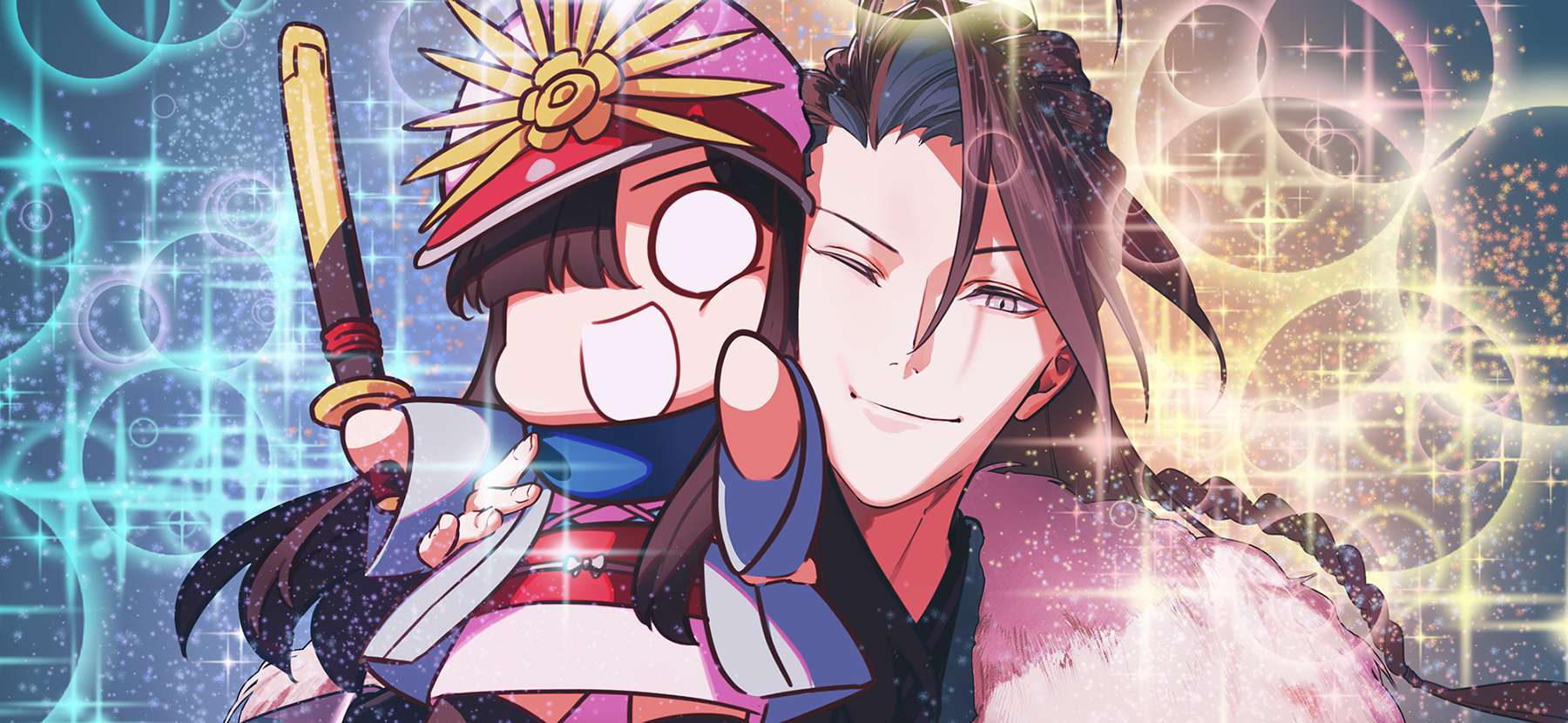 pako (pakosun), kondou isami (fate), mini nobu (fate), oda nobunaga (fate), fate/grand order, fate (series), highres, 1boy, 1girl, :d, black hair, blue haori, braid, chibi, haori, hat, japanese clothes, kimono, long hair, obi, one eye closed, open mouth, sash, scabbard, sheath, smile, upper body