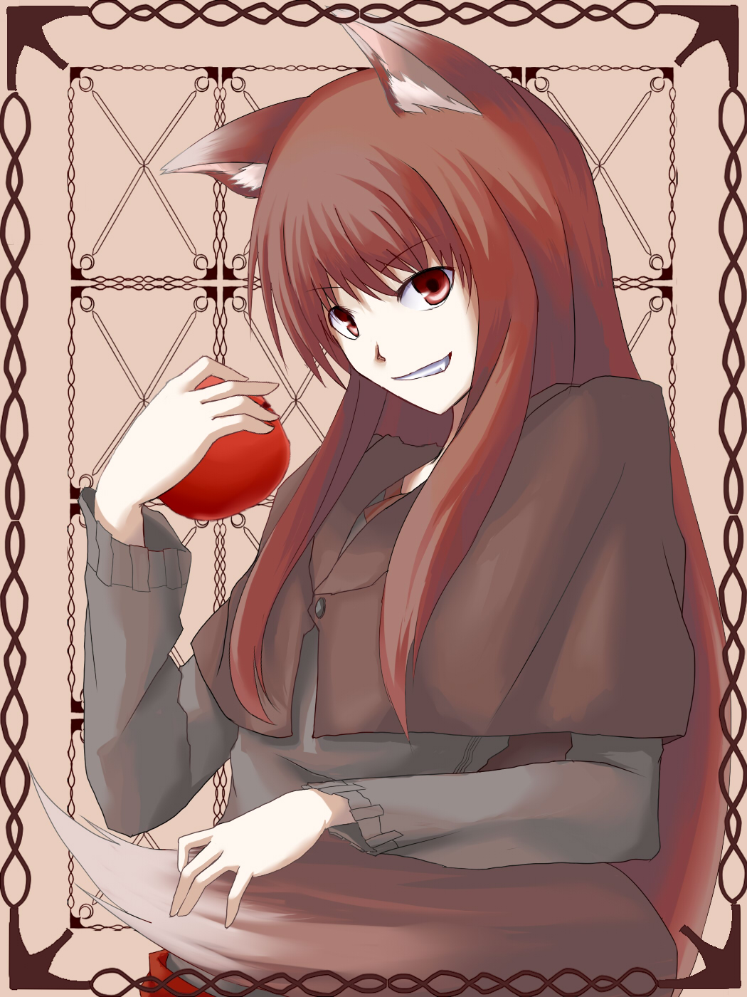 kauto, holo, spice and wolf, bad id, bad pixiv id, highres, 00s, 1girl, animal ears, apple, brown hair, fang, female focus, food, fruit, holding, holding food, holding fruit, long hair, solo, tail, wolf ears