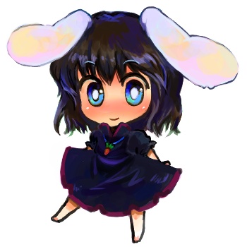 rotan, inaba tewi, touhou, lowres, 1girl, alternate color, alternate costume, alternate eye color, animal ears, black hair, blue eyes, blush, carrot, chibi, female focus, green eyes, jewelry, multicolored eyes, pendant, player 2, rabbit ears, short hair, smile, solo