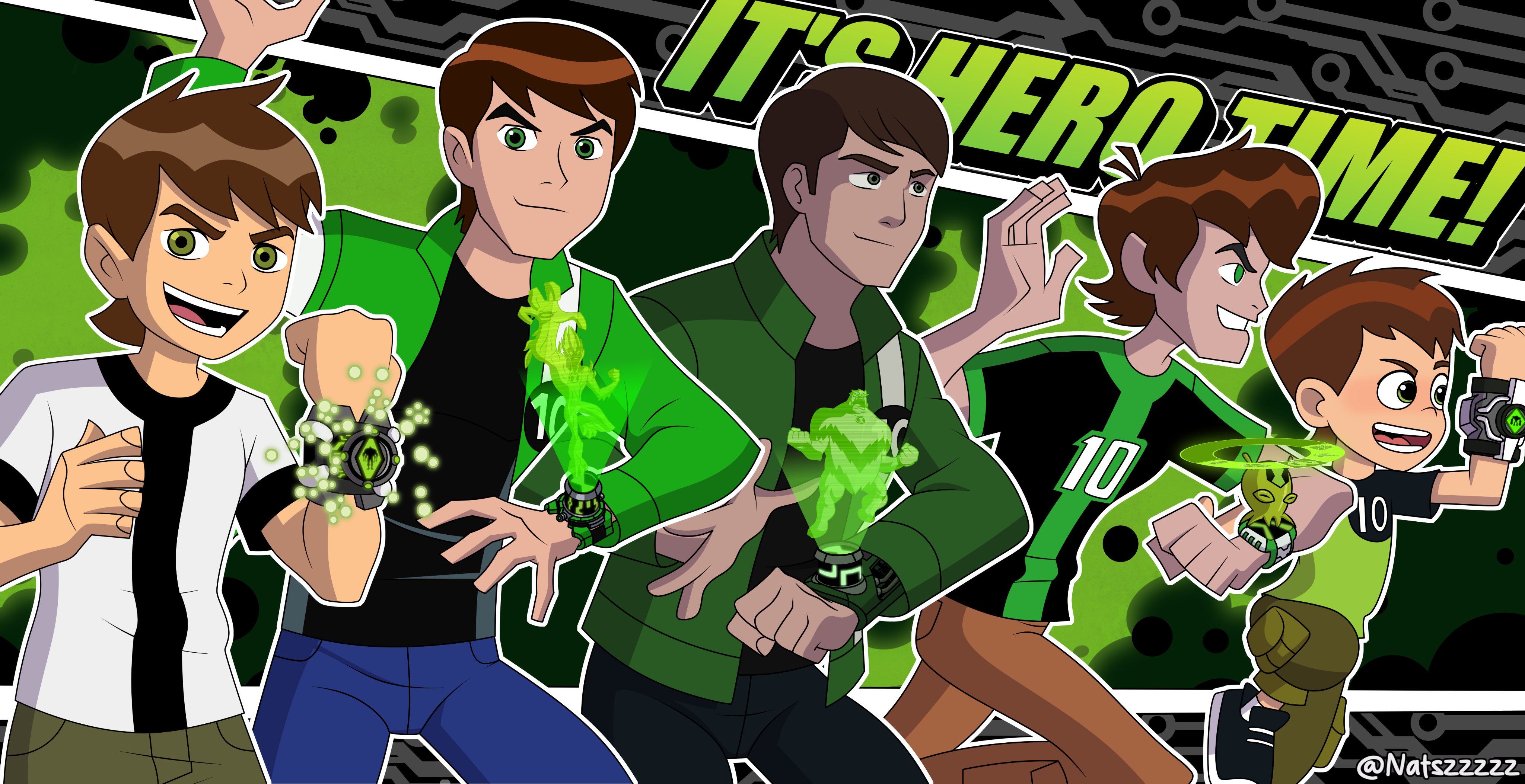 natsz (natszzzzz), ben tennyson, four arms (ben 10), ben 10, ben 10: alien force, ben 10: omniverse, ben 10: ultimate alien, ben 10 (reboot), absurdres, highres, 1boy, age progression, black shirt, blue pants, brown hair, brown panties, english text, green jacket, green pants, green shirt, jacket, long sleeves, messy hair, official style, omnitrix, panties, pants, shirt, shock rock, shocksquatch, short sleeves, silhouette, skurd (ben 10), striped clothes, striped shirt, swampfire, t-shirt, two-tone shirt, ultimatrix, underwear