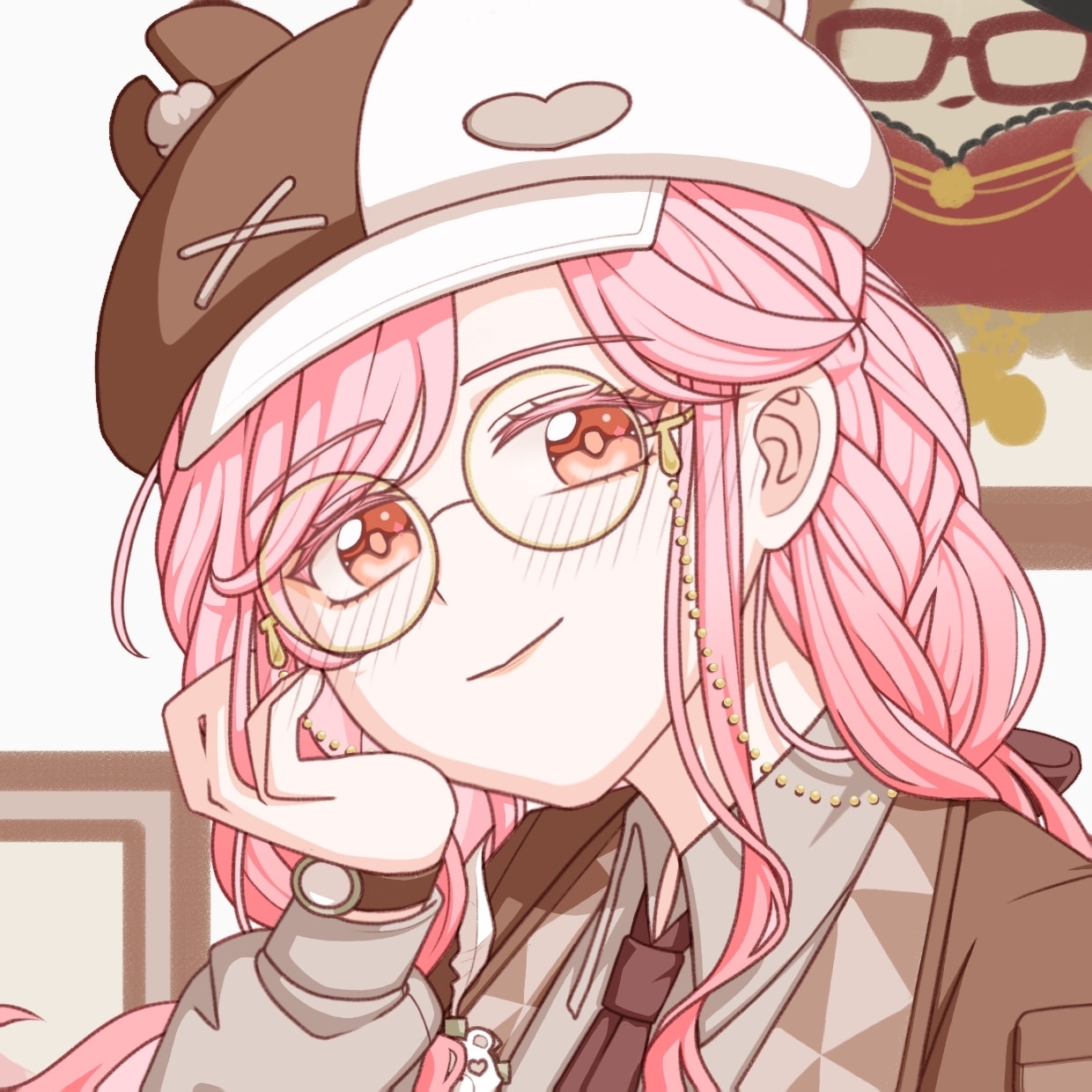 nikki (nikki), infinity nikki, nikki (series), chinese commentary, commentary request, highres, 1girl, animal ear headwear, animal ears, bear ears, bespectacled, black bow, black necktie, bow, braid, brown coat, brown hat, chain, closed mouth, coat, collared shirt, fake animal ears, glasses, gold chain, golden tango julie (infinity nikki), grey shirt, hair bow, hair half over shoulder, happy, hat, heart, heart print, indoors, light blush, lipstick, lofter 30955337, long hair, long sidelocks, low twin braids, makeup, necktie, newsboy cap, notched ear, painting (object), piecey, pink hair, pink lips, print headwear, puppet play (infinity nikki), round eyewear, shirt, sidelocks, smile, solo, split-color clothes, twin braids, upper body, wavy hair, white hat, yellow-framed eyewear