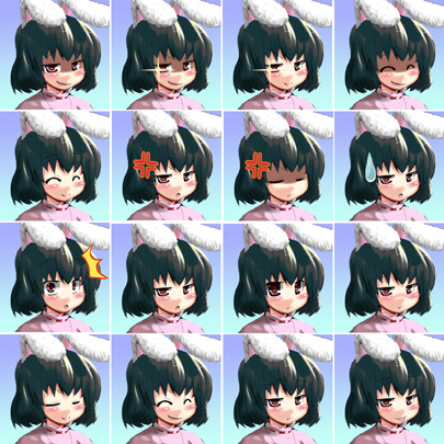 weroro, inaba tewi, touhou, lowres, 1girl, animal ears, black hair, chart, female focus, gradient background, multiple expressions, multiple views, rabbit ears, red eyes, short hair