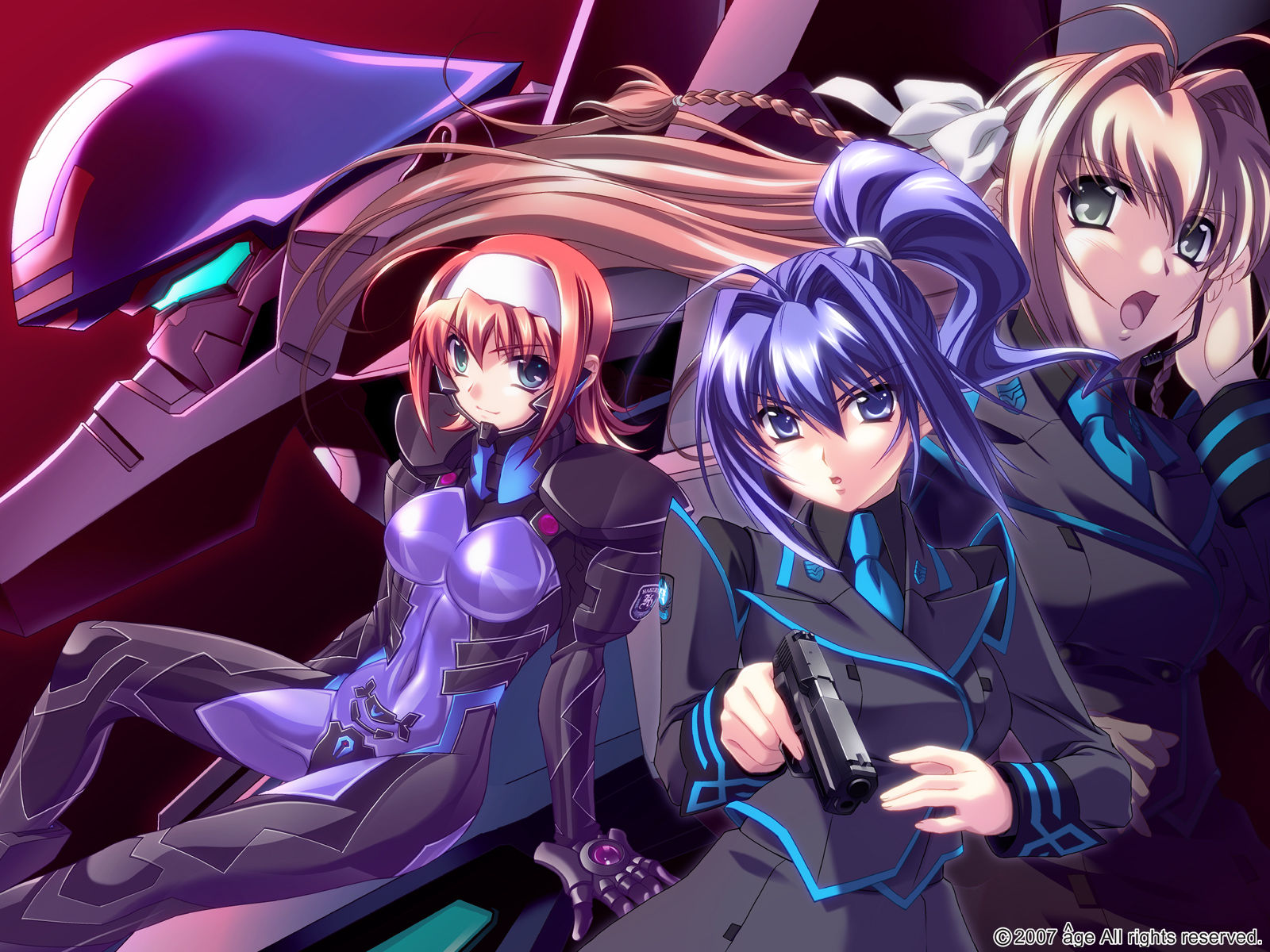 hayase mitsuki, suzumiya akane, suzumiya haruka, muv-luv, pilot suit, highres, source request, blue hair, bodysuit, orange hair, pink hair, ponytail, short hair