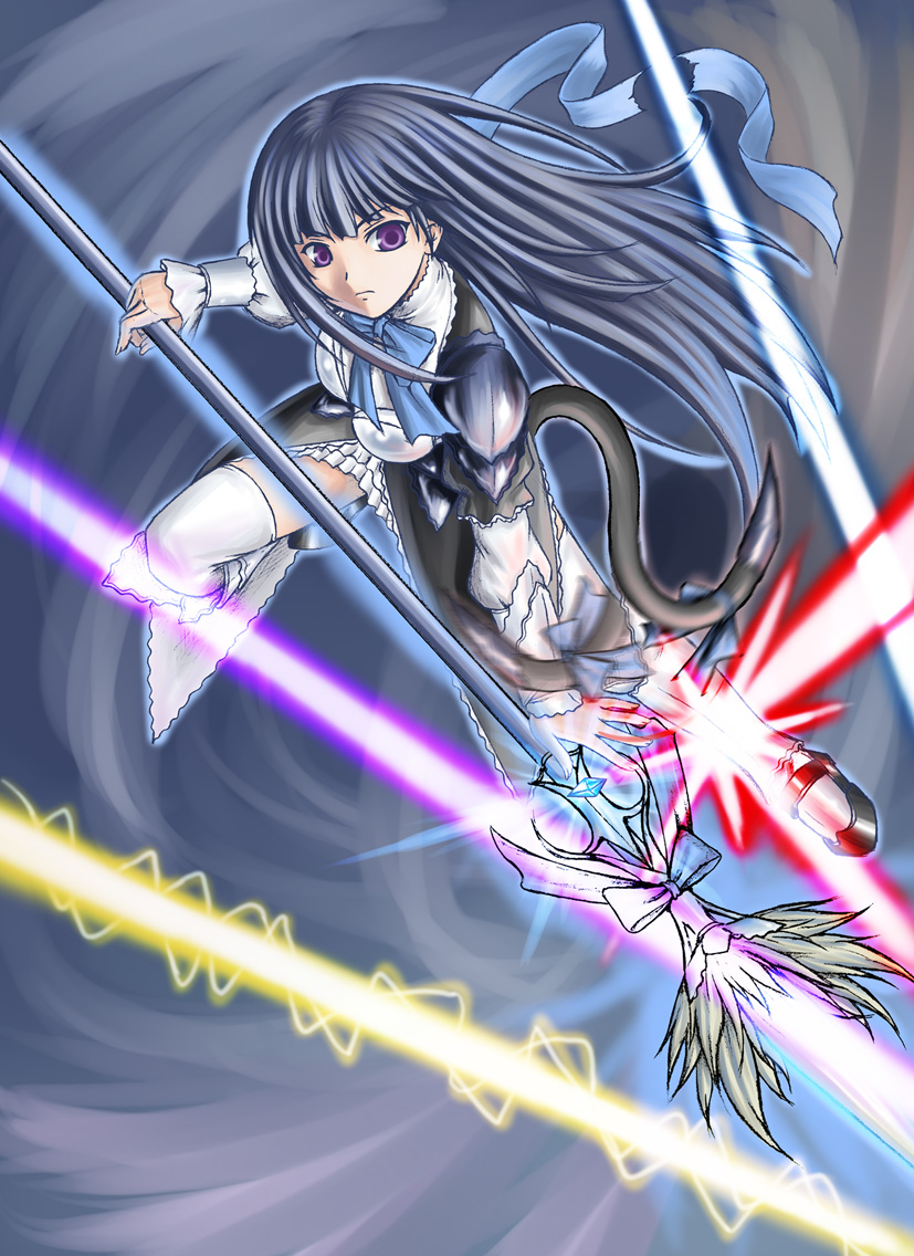 210ten, ten (pixiv192340), frederica bernkastel, umineko no naku koro ni, 00s, blue hair, solo, tail, thighhighs