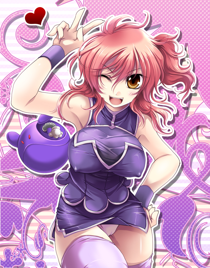 shinolion, takitsume shino, bad haro, nena trinity, gundam, gundam 00, 00s, 1girl, :d, arm up, armpits, bare shoulders, blush, breasts, covered erect nipples, female focus, heart, one eye closed, open mouth, panties, red hair, side ponytail, smile, solo, thighhighs, underwear, v, wink, yellow eyes