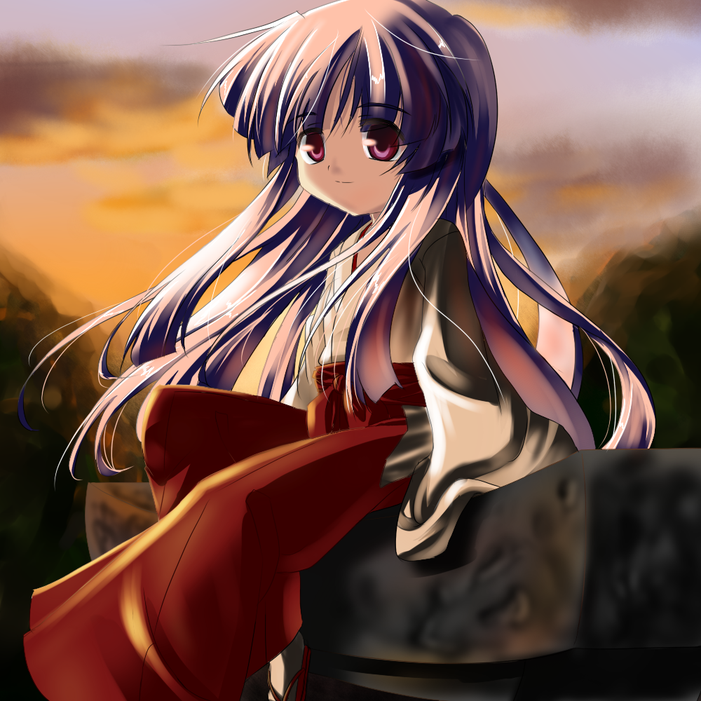 makai no koutaishi, furude rika, higurashi no naku koro ni, 00s, japanese clothes, long hair, miko, purple eyes, purple hair, sunset