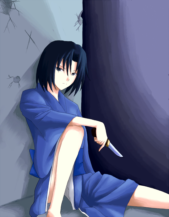 kauto, ryougi shiki, kara no kyoukai, bad id, bad pixiv id, black hair, blue eyes, japanese clothes, kimono, knife, sitting, solo