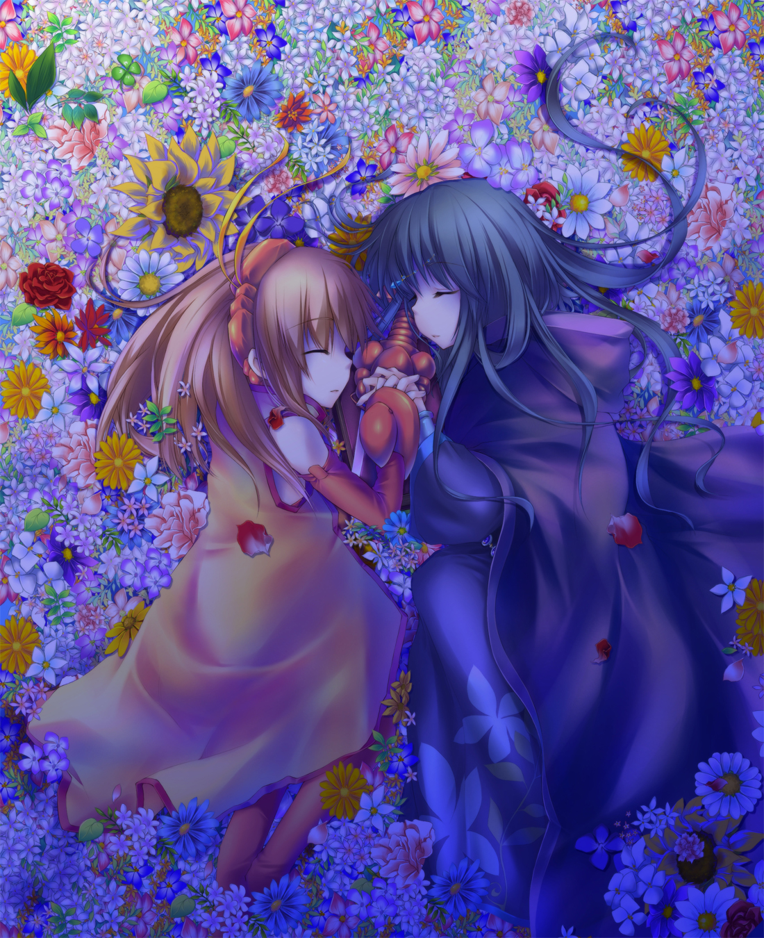 sakura ebi, sakurano miya, golden lore, highres, black hair, boots, brown hair, closed eyes, coat, flower, hairband, holding hands, long hair, robe, sunflower