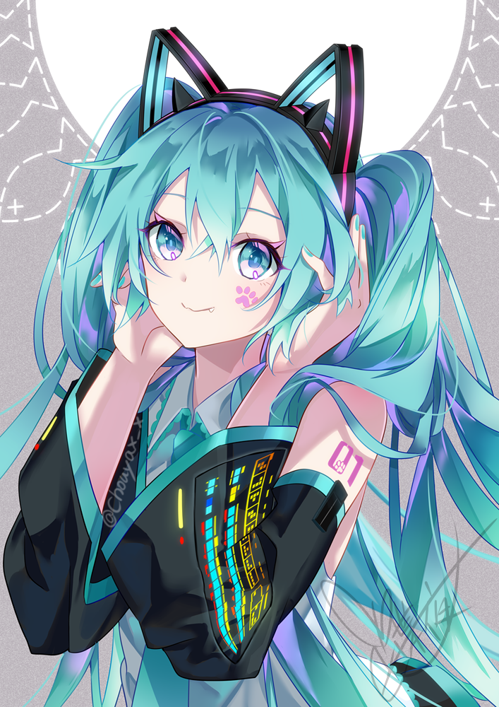 tyouya, hatsune miku, vocaloid, commentary request, 1girl, animal ear hairband, animal ears, aqua eyes, aqua hair, aqua nails, aqua necktie, aqua trim, arm tattoo, cat ear hairband, cat ears, closed mouth, detached sleeves, fake animal ears, grey shirt, hair between eyes, hair ornament, hairband, headset, long hair, long sleeves, looking at viewer, necktie, number tattoo, pawpads, shirt, sleeveless, sleeveless shirt, smile, solo, tattoo, twintails, very long hair